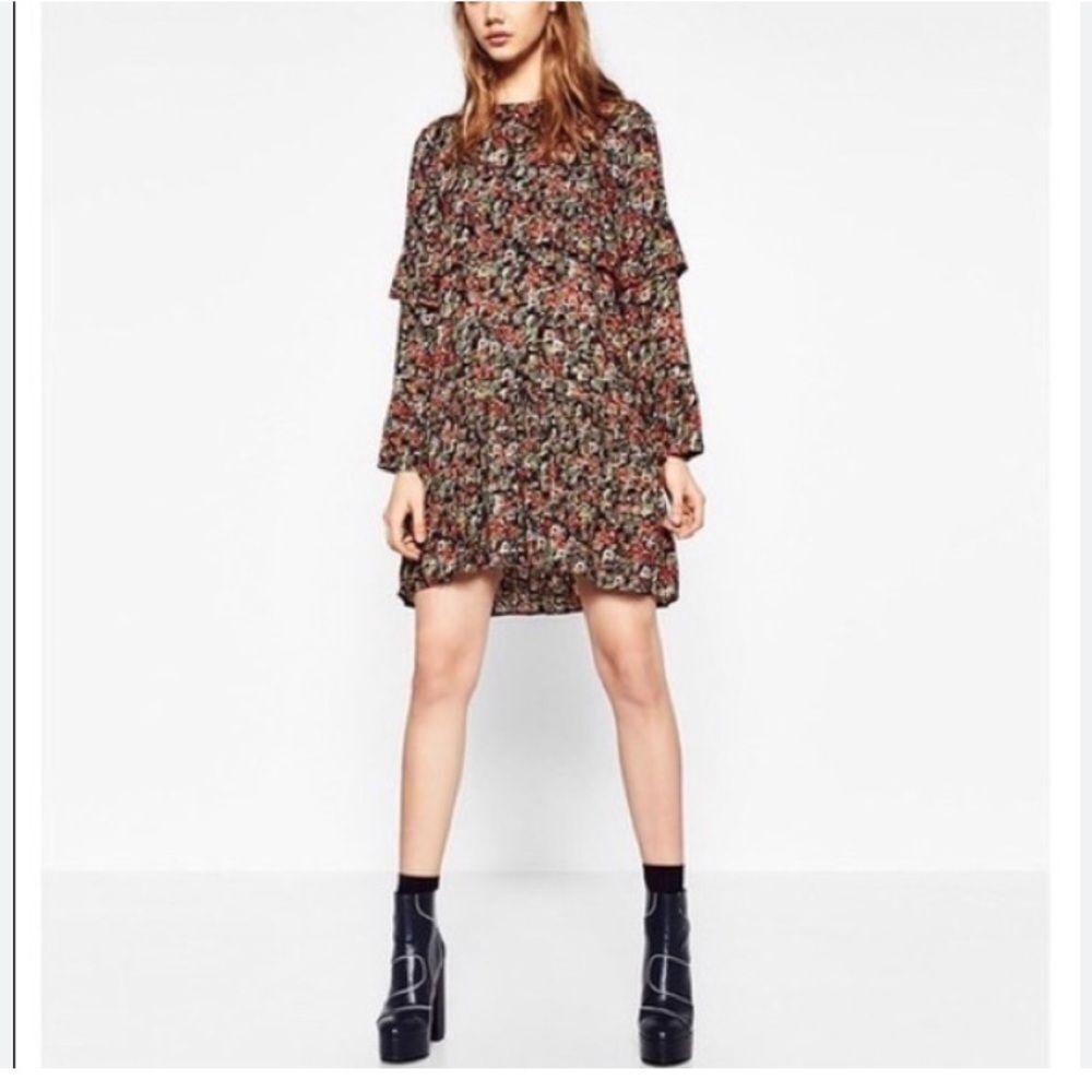 Zara Trafaluc Collection Black Floral Boho Tiered Ruffle Fall Tunic Mini Dress - Picture 2 of 16